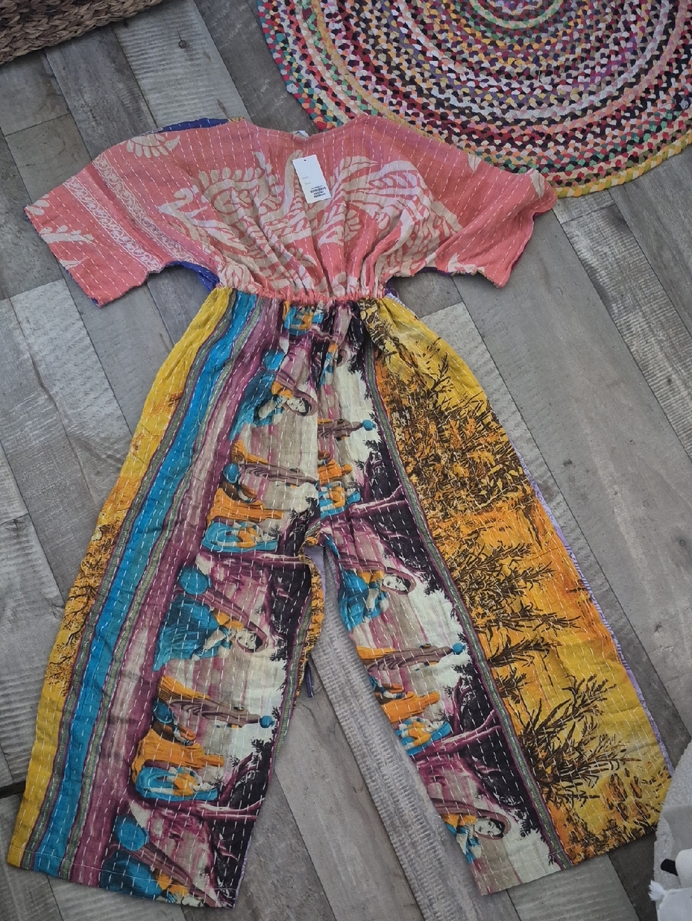 Custom High Quality Kantha Bohemian Patchwork Wide-Leg Jumpsuit Adjustable NWT - Picture 10 of 11